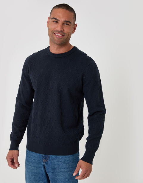 Threadbare Diamond Textured Crew Neck Jumper in Navy - front view