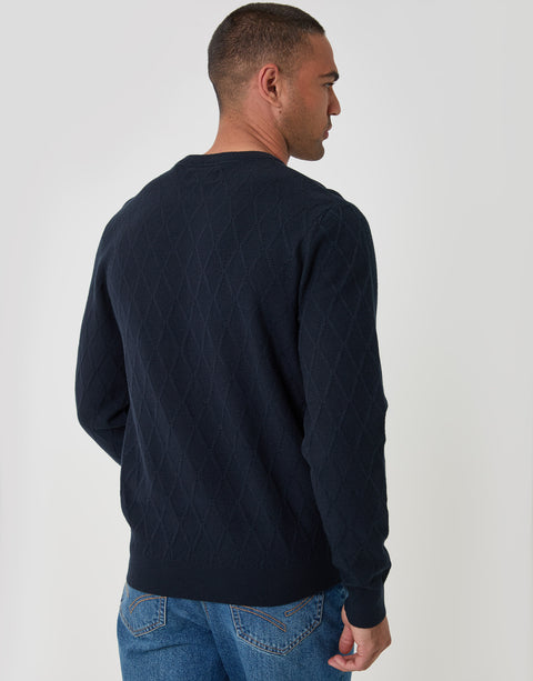 Threadbare Diamond Textured Crew Neck Jumper in Navy - back view