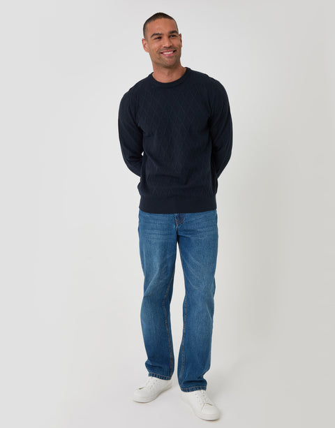 Threadbare Diamond Textured Crew Neck Jumper in Navy - full body