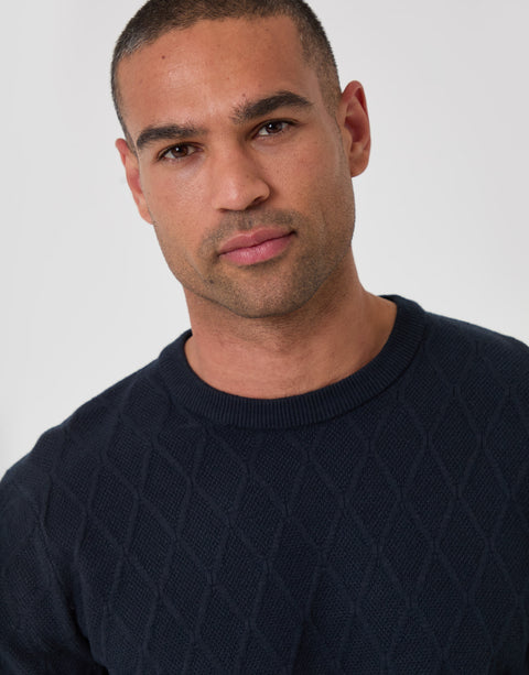 Threadbare Diamond Textured Crew Neck Jumper in Navy - close up