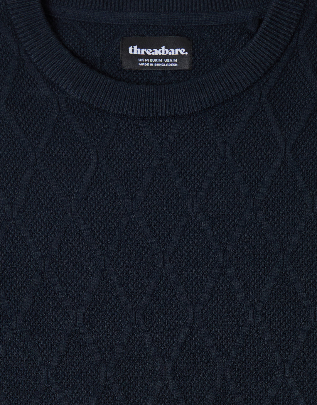 Threadbare Diamond Textured Crew Neck Jumper in Navy - detail