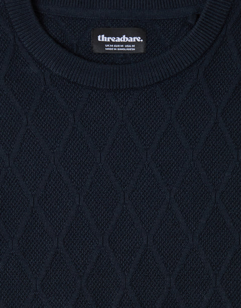 Threadbare Diamond Textured Crew Neck Jumper in Navy - detail