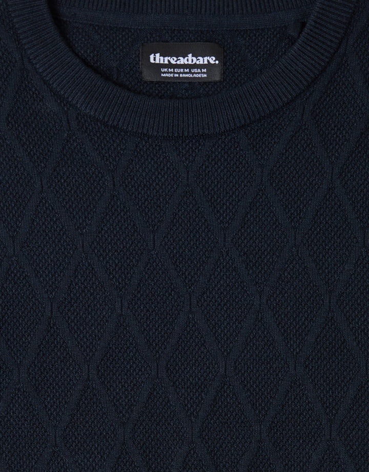 Threadbare Diamond Textured Crew Neck Jumper in Navy - detail