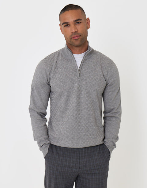 Threadbare Basket Stitch Quarter Zip Jumper in Grey - front view