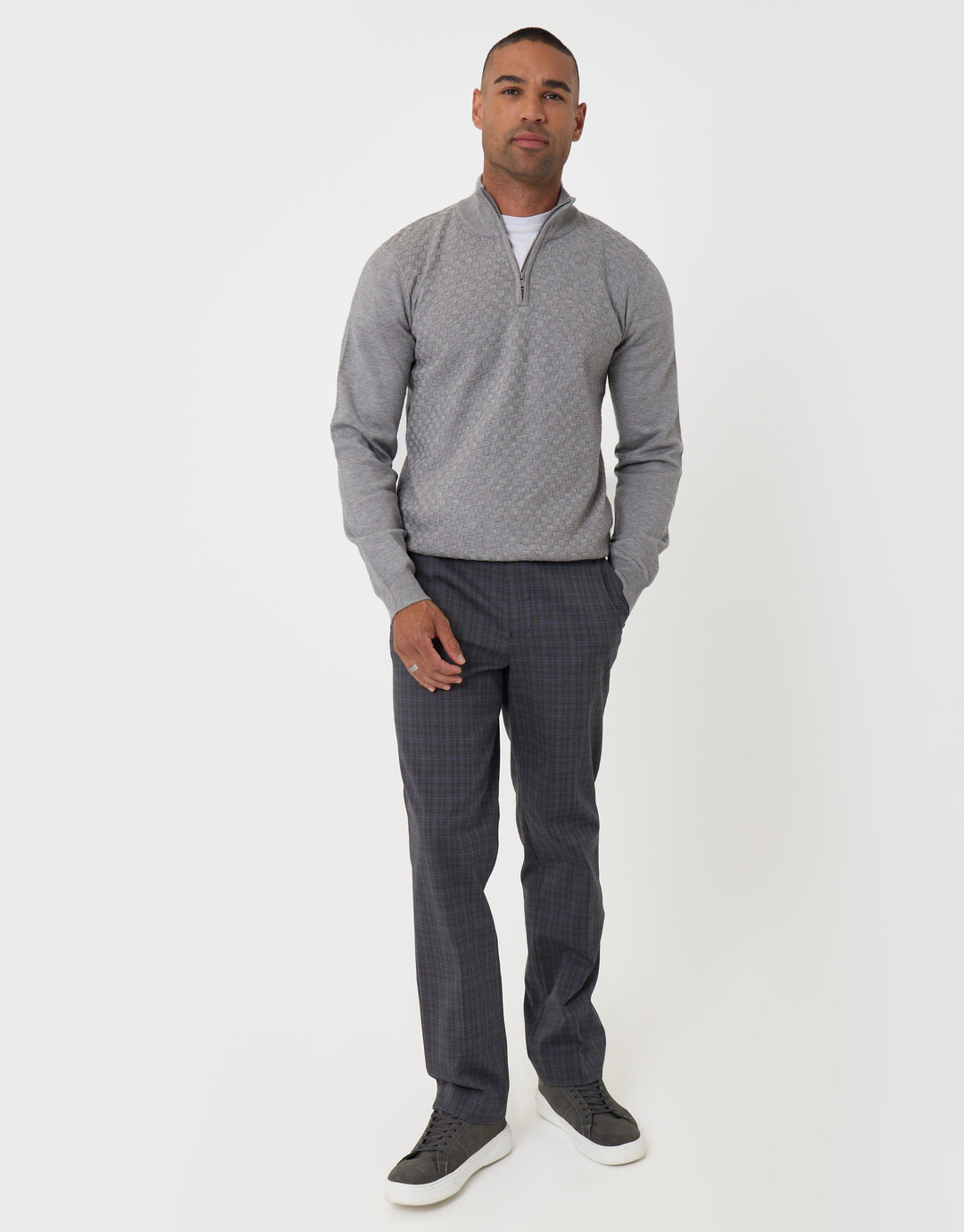 Threadbare Basket Stitch Quarter Zip Jumper in Grey - full body