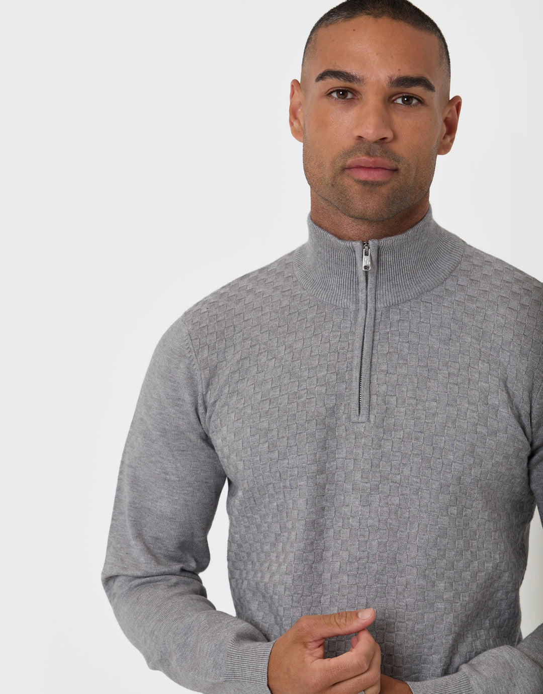 Threadbare Basket Stitch Quarter Zip Jumper in Grey - close up