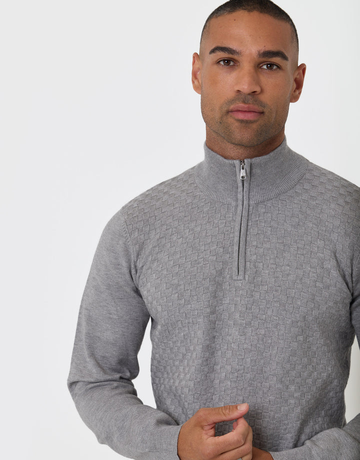 Threadbare Basket Stitch Quarter Zip Jumper in Grey - close up