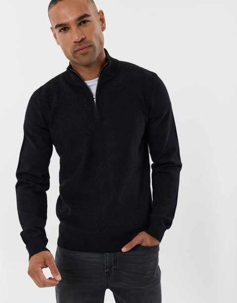 Threadbare Basket Stitch Quarter Zip Jumper in Black - front view