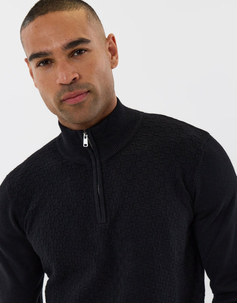 Threadbare Basket Stitch Quarter Zip Jumper in Black - close up