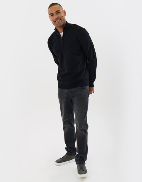 Threadbare Basket Stitch Quarter Zip Jumper in Black - full body