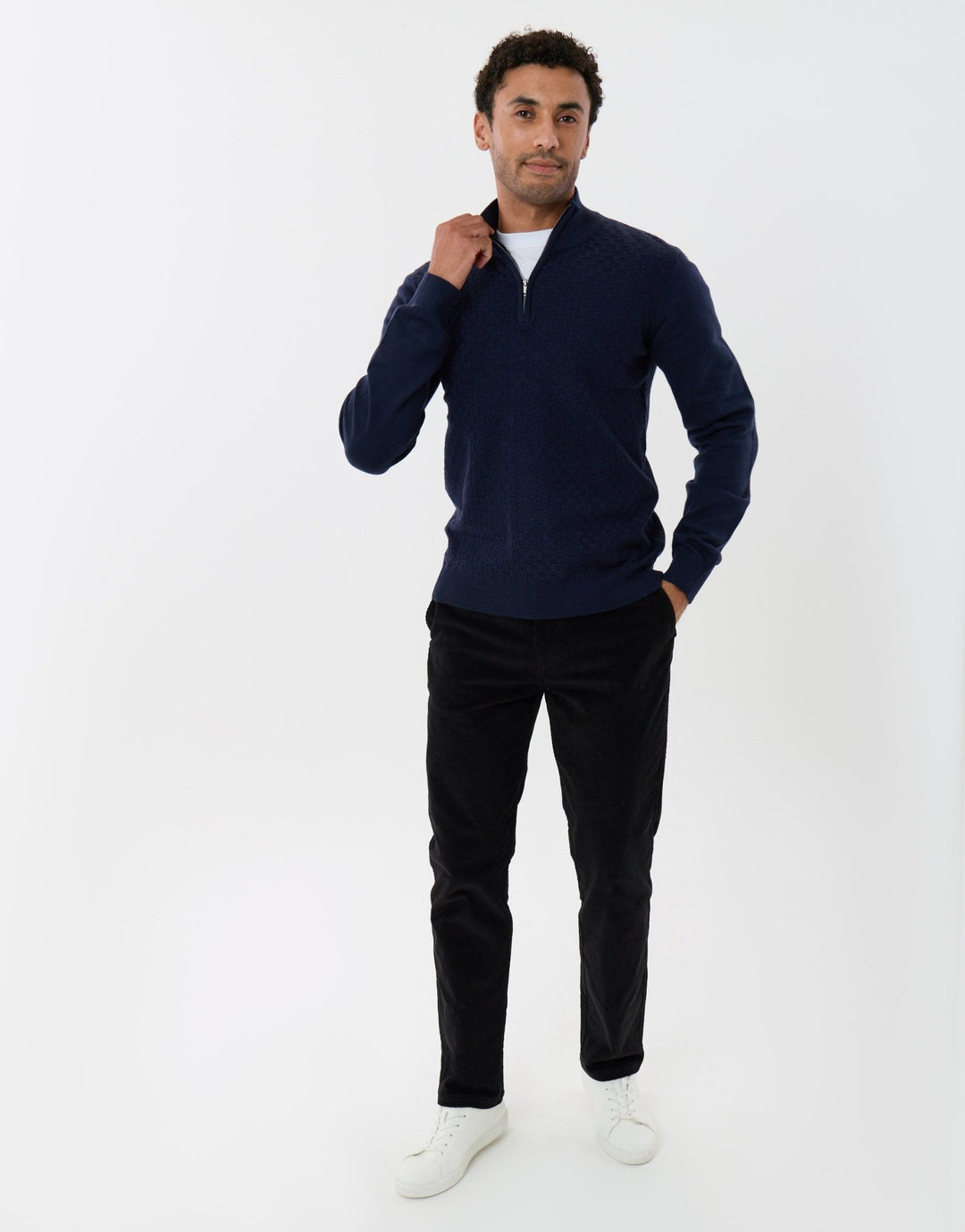 Basket Stitch Quarter Zip Jumper in Navy