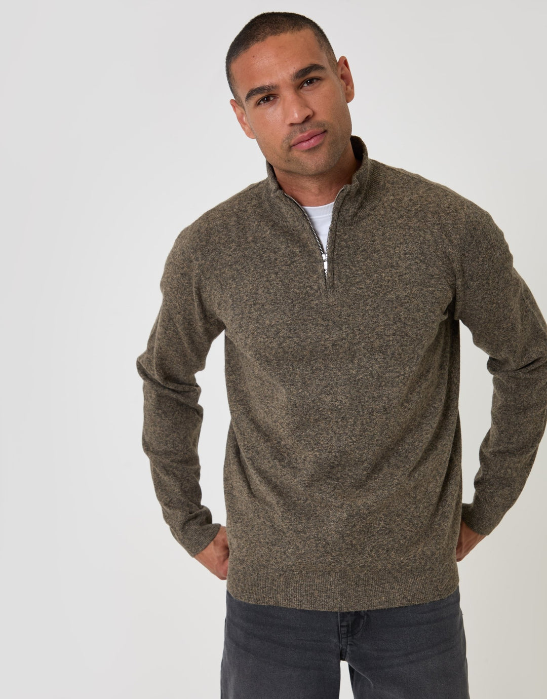 Textured Knit Quarter Zip Jumper in Taupe Twist