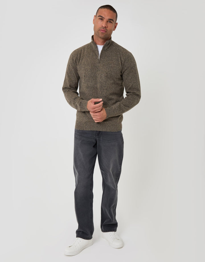Textured Knit Quarter Zip Jumper in Taupe Twist