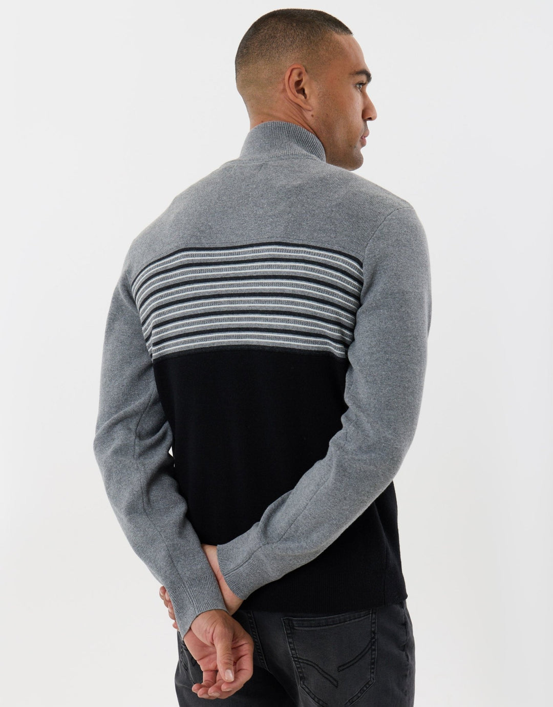 Threadbare Textured Stitch Quarter Zip in Black - back view
