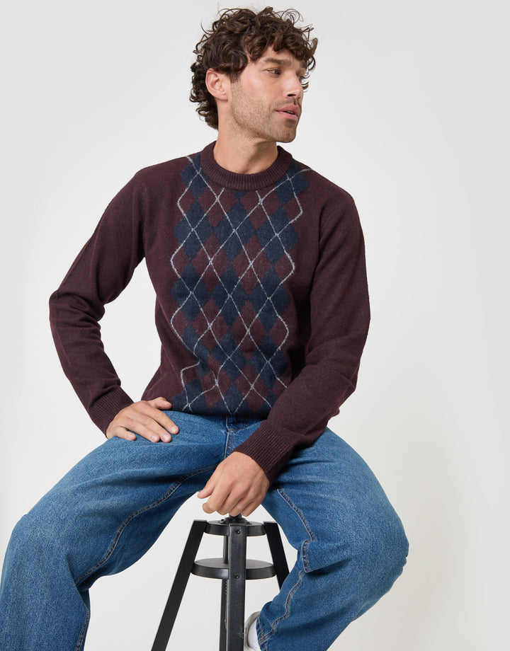 Threadbare Argyle Crew Neck Jumper in Burgundy - sat down