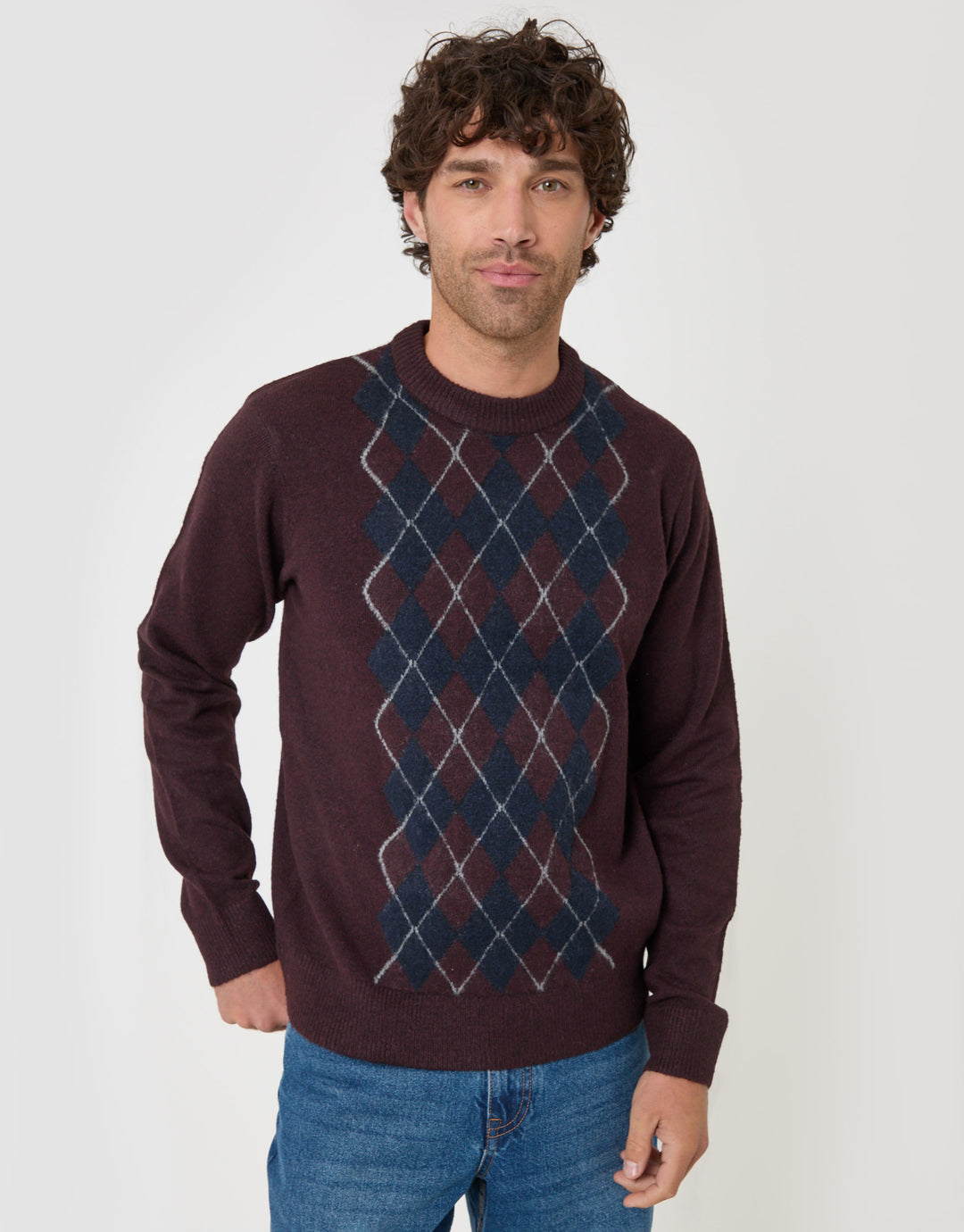 Threadbare Argyle Crew Neck Jumper in Burgundy - front view