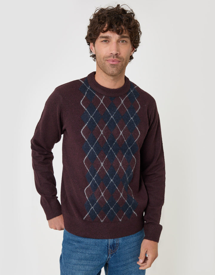 Threadbare Argyle Crew Neck Jumper in Burgundy - front view