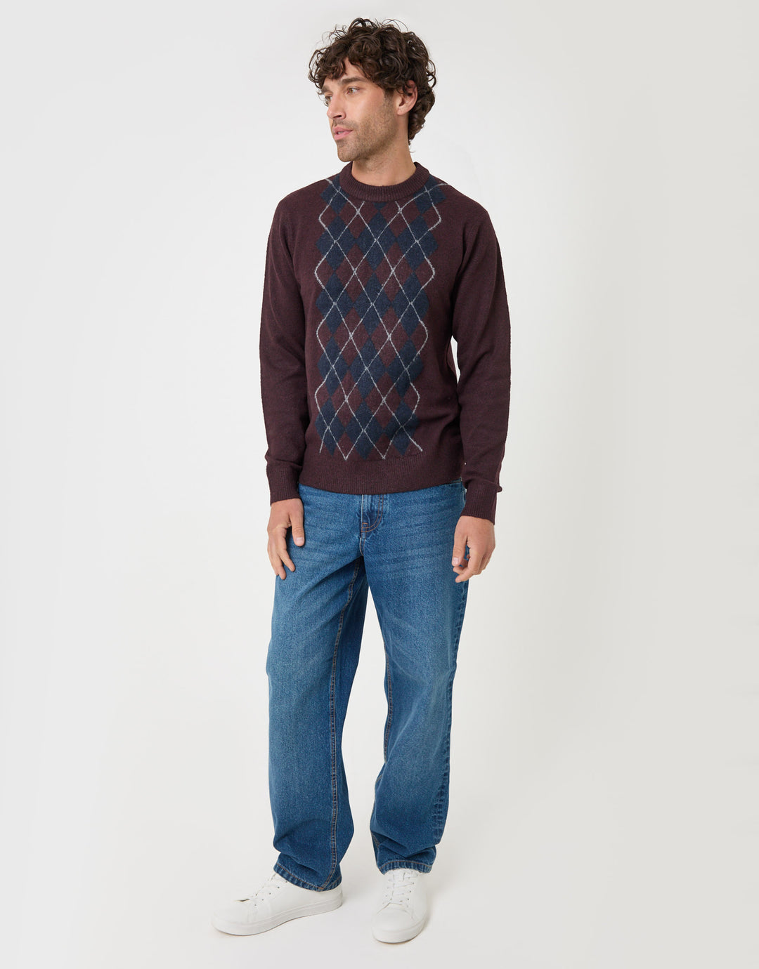Threadbare Argyle Crew Neck Jumper in Burgundy - full body