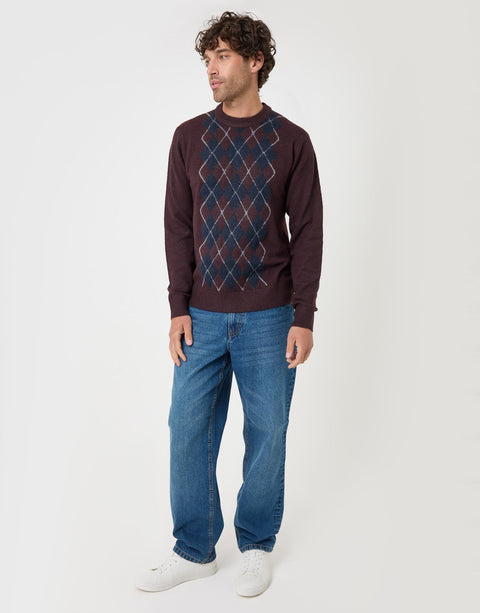 Threadbare Argyle Crew Neck Jumper in Burgundy - full body