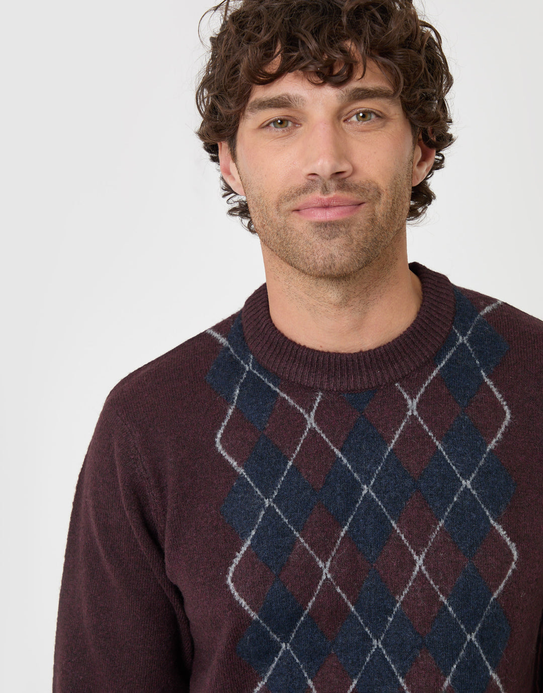 Threadbare Argyle Crew Neck Jumper in Burgundy - detail