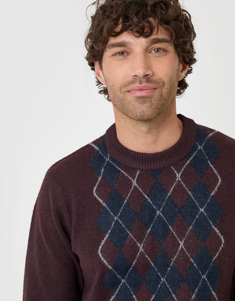 Threadbare Argyle Crew Neck Jumper in Burgundy - detail