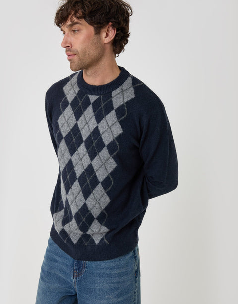 Threadbare Argyle Crew Neck Jumper in Navy - front view