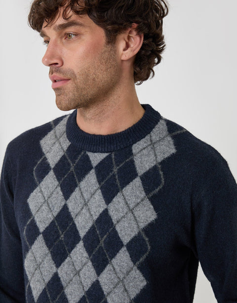 Threadbare Argyle Crew Neck Jumper in Navy - close up
