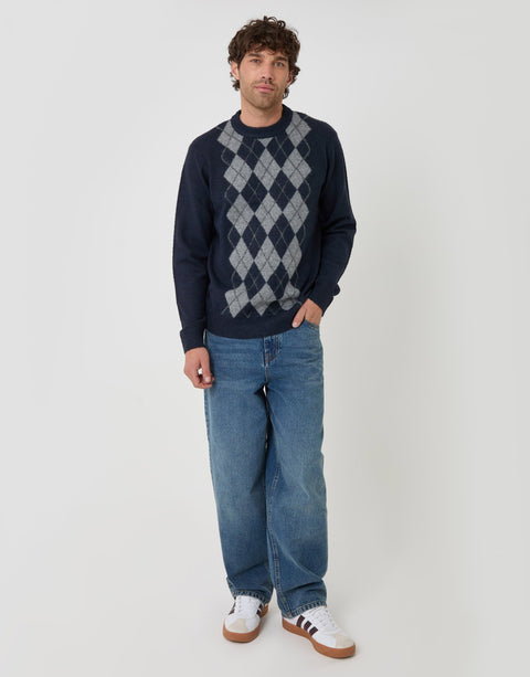 Threadbare Argyle Crew Neck Jumper in Navy - full body
