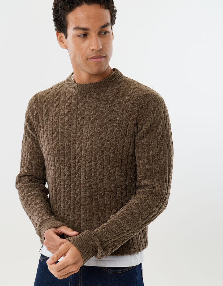 Fluffy Cable Knit Crew Neck Jumper in Tan
