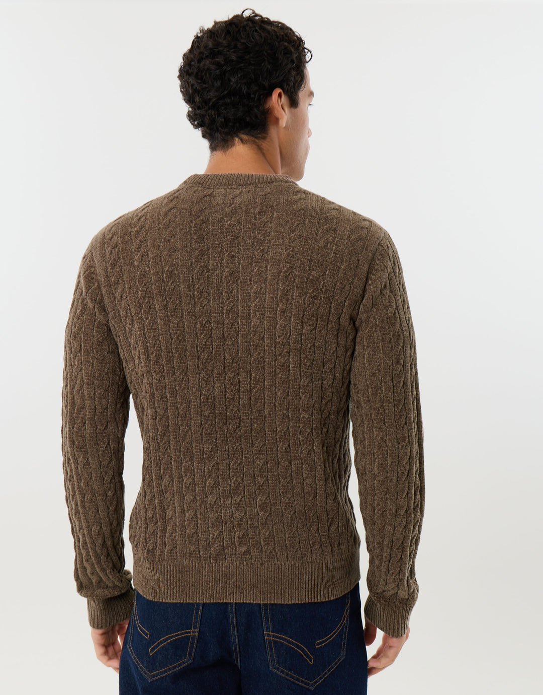 Fluffy Cable Knit Crew Neck Jumper in Tan