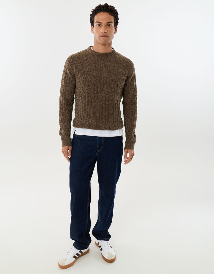 Fluffy Cable Knit Crew Neck Jumper in Tan