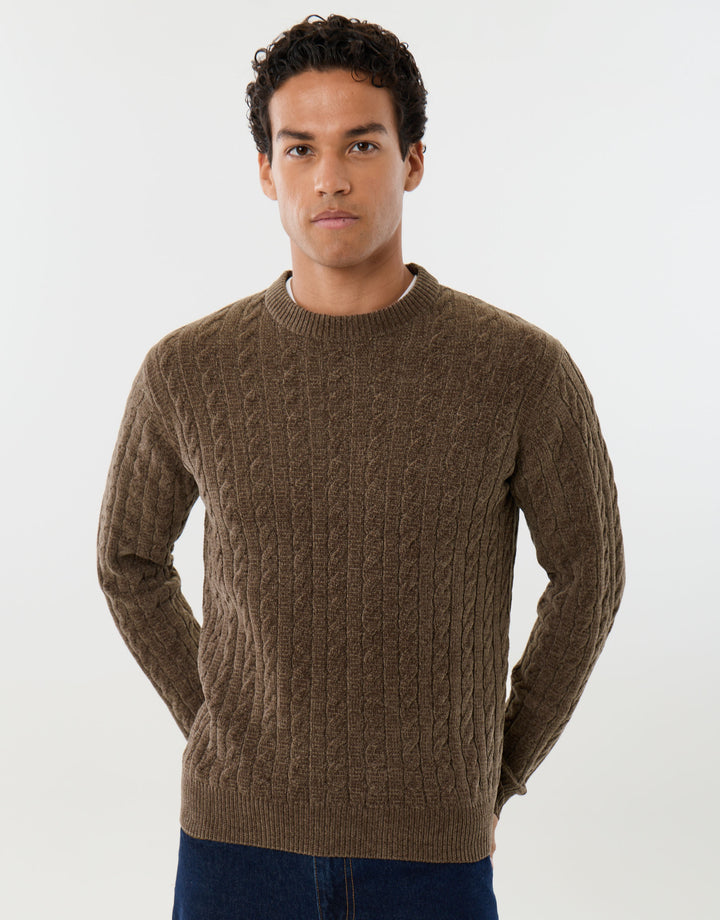 Fluffy Cable Knit Crew Neck Jumper in Tan