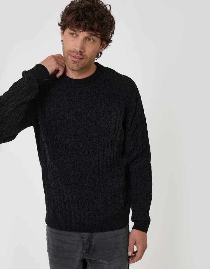 Threadbare Fluffy Cable Knit Crew Neck Jumper in Black - front view