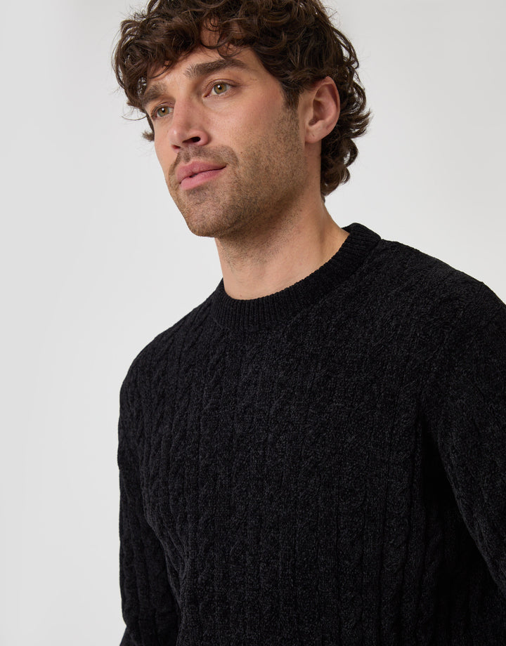 Threadbare Fluffy Cable Knit Crew Neck Jumper in Black - close up