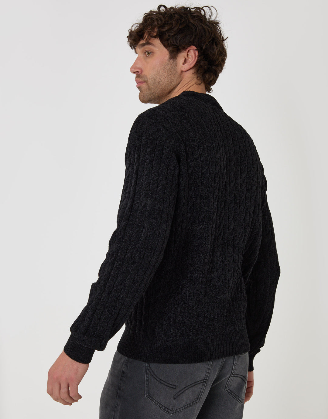 Threadbare Fluffy Cable Knit Crew Neck Jumper in Black - back view