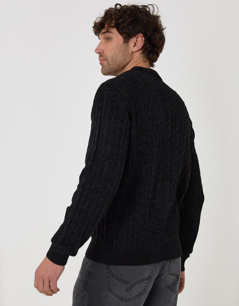 Threadbare Fluffy Cable Knit Crew Neck Jumper in Black - back view
