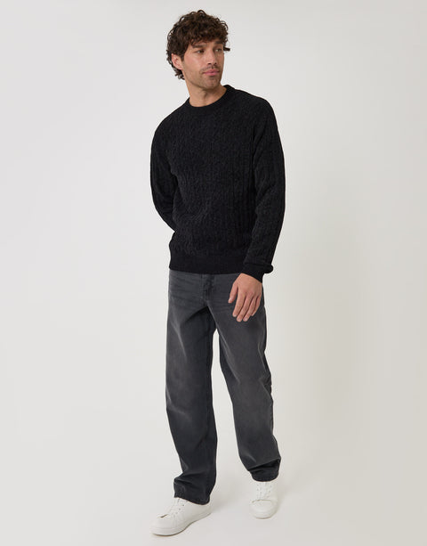 Threadbare Fluffy Cable Knit Crew Neck Jumper in Black - full body