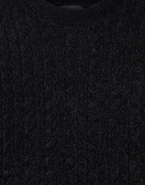 Threadbare Fluffy Cable Knit Crew Neck Jumper in Black - detail