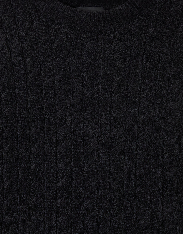 Threadbare Fluffy Cable Knit Crew Neck Jumper in Black - detail