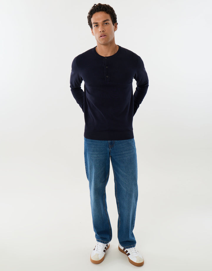 Knitted Long Sleeve Button Polo Jumper in Navy