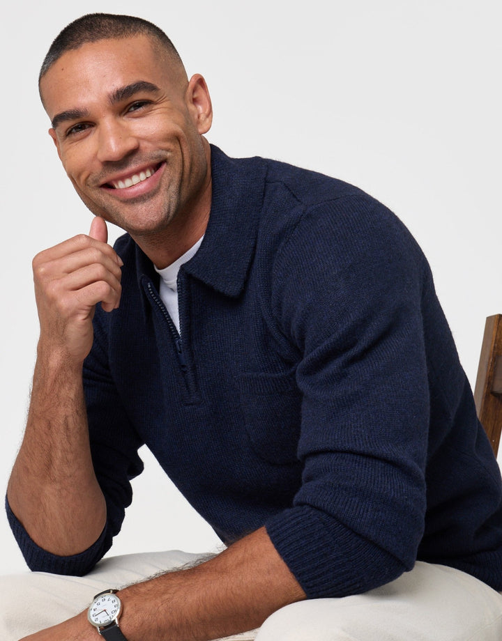 Knitted Quarter Zip Polo Jumper in Navy