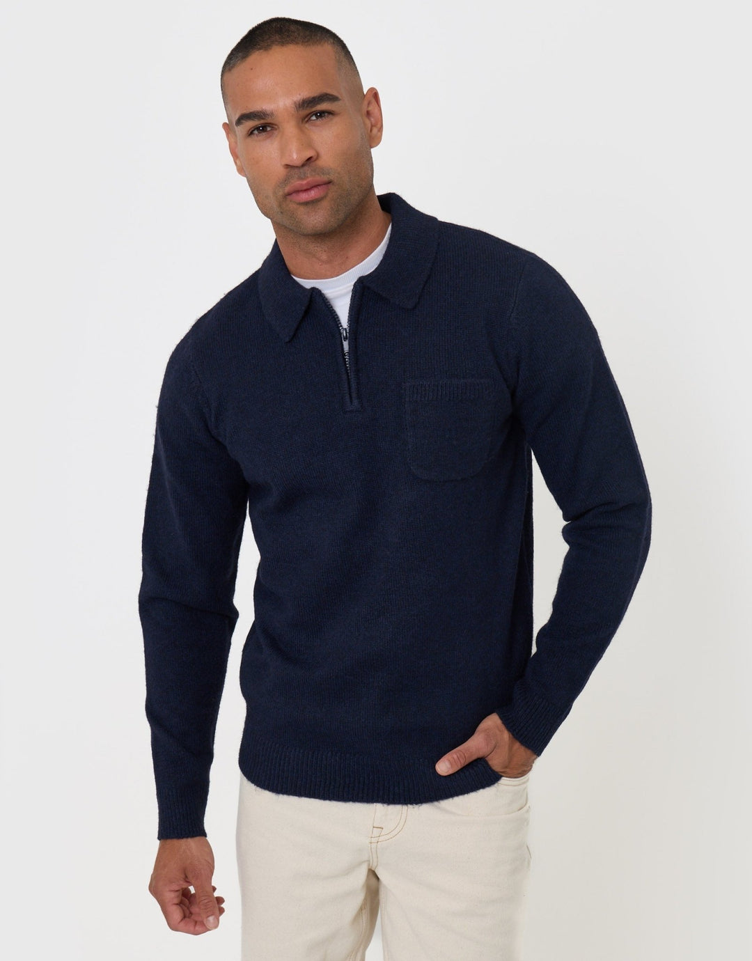 Knitted Quarter Zip Polo Jumper in Navy