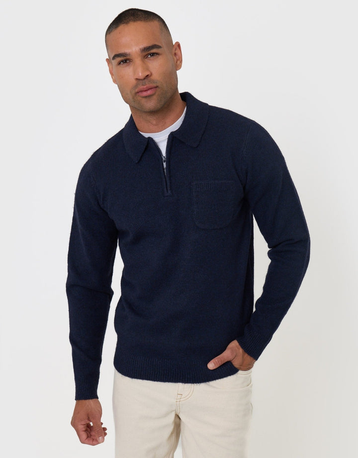 Knitted Quarter Zip Polo Jumper in Navy