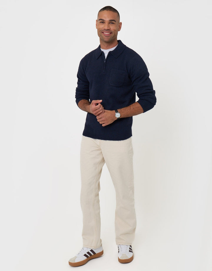 Knitted Quarter Zip Polo Jumper in Navy