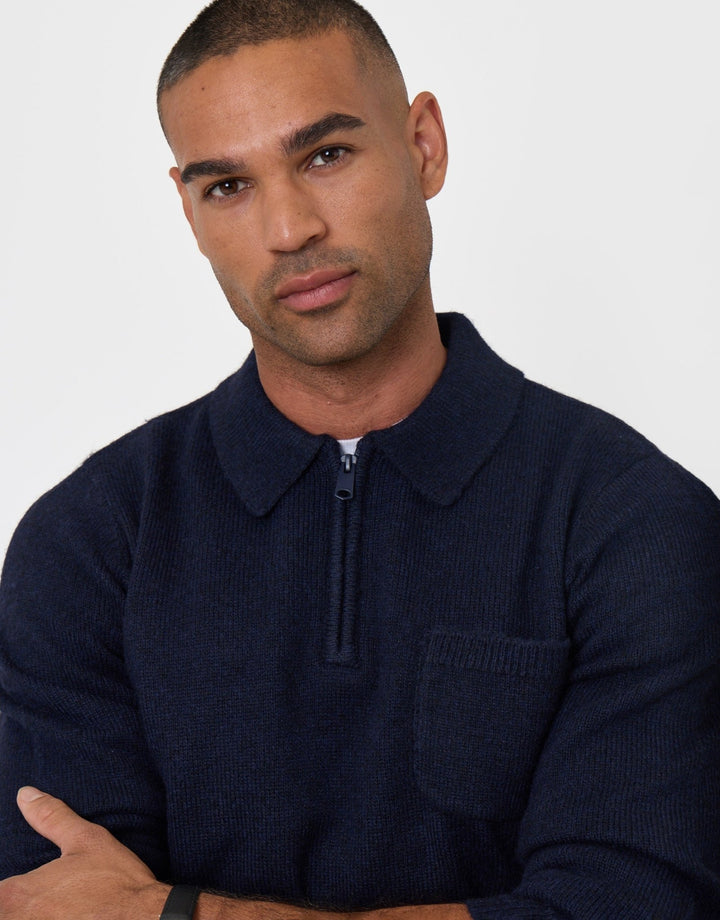 Knitted Quarter Zip Polo Jumper in Navy