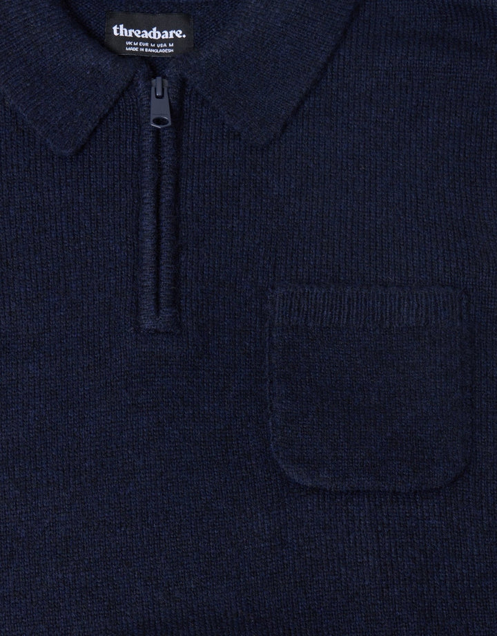 Knitted Quarter Zip Polo Jumper in Navy