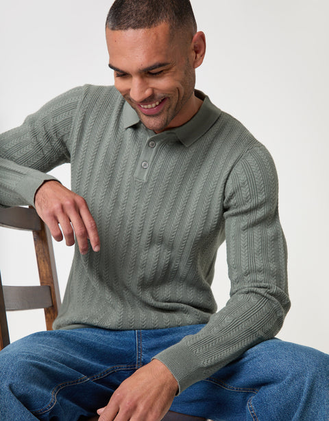 Threadbare Textured Cable Knit Polo Jumper in Sage - sat down