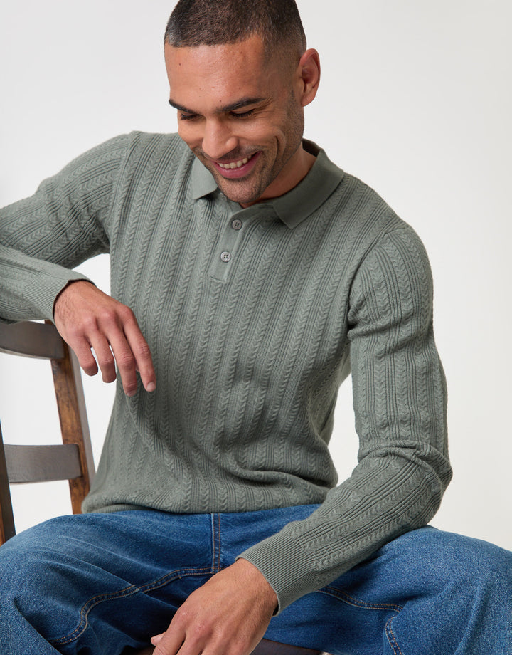 Threadbare Textured Cable Knit Polo Jumper in Sage - sat down