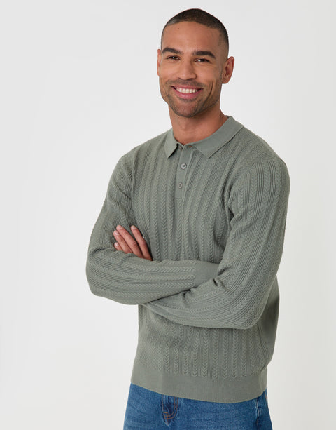 Threadbare Textured Cable Knit Polo Jumper in Sage - front view
