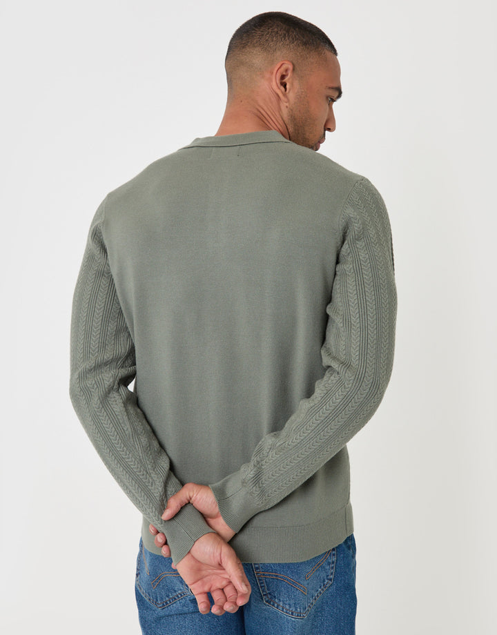Threadbare Textured Cable Knit Polo Jumper in Sage - back view